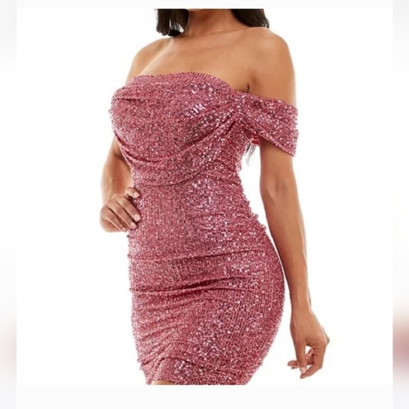 $179 Bebe Women's Off Sholder Dress Mini Silhouette Sequined Large Mauve New - Picture 3 of 12